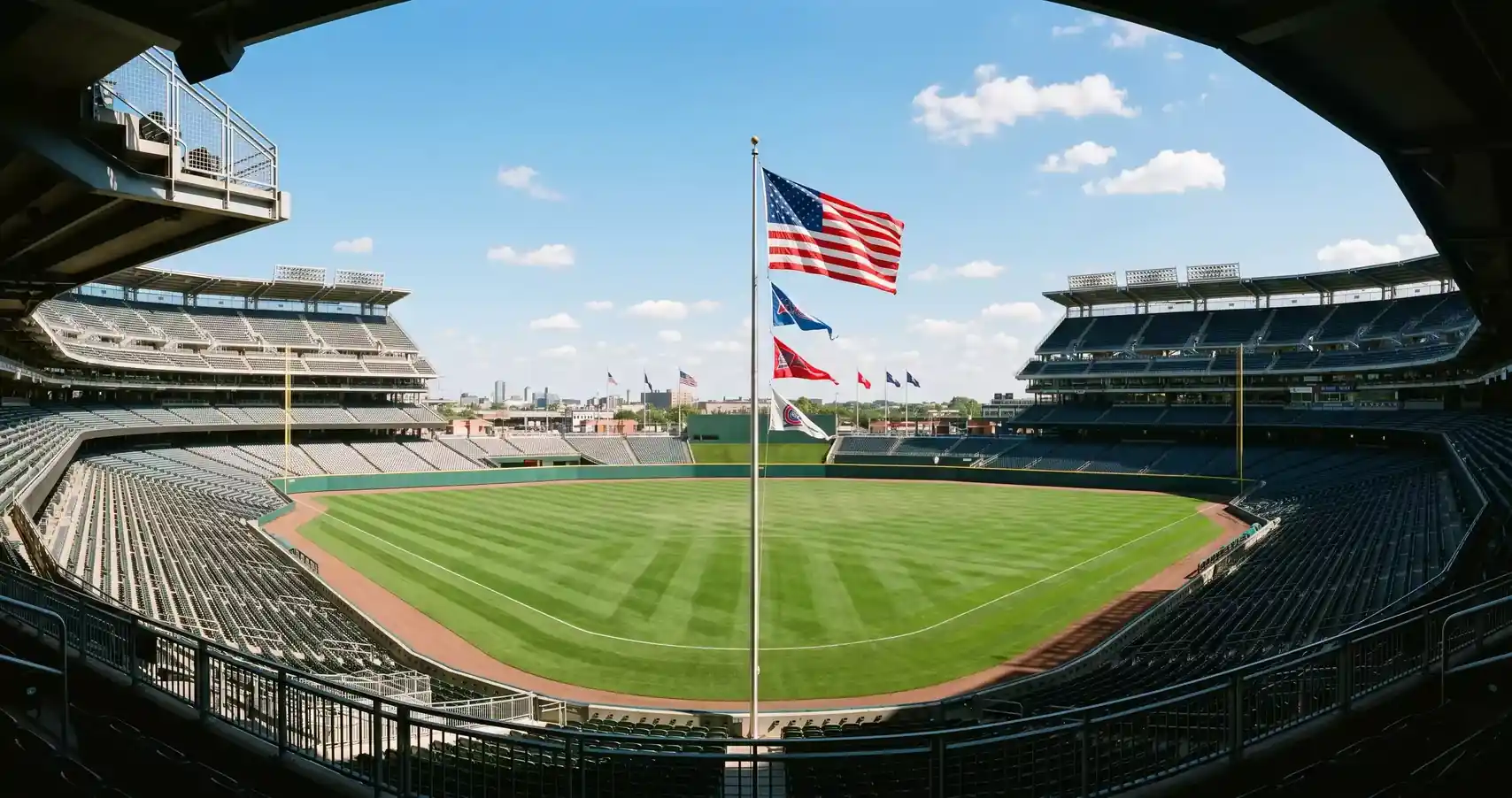 MLB outfield with flags blowing in the wind on a hot summer afternoon